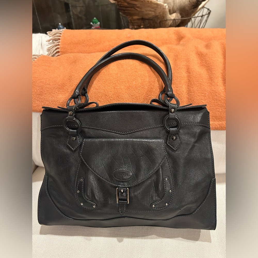 TODS Vintage Black Italian Leather Ring-Handled Satchel